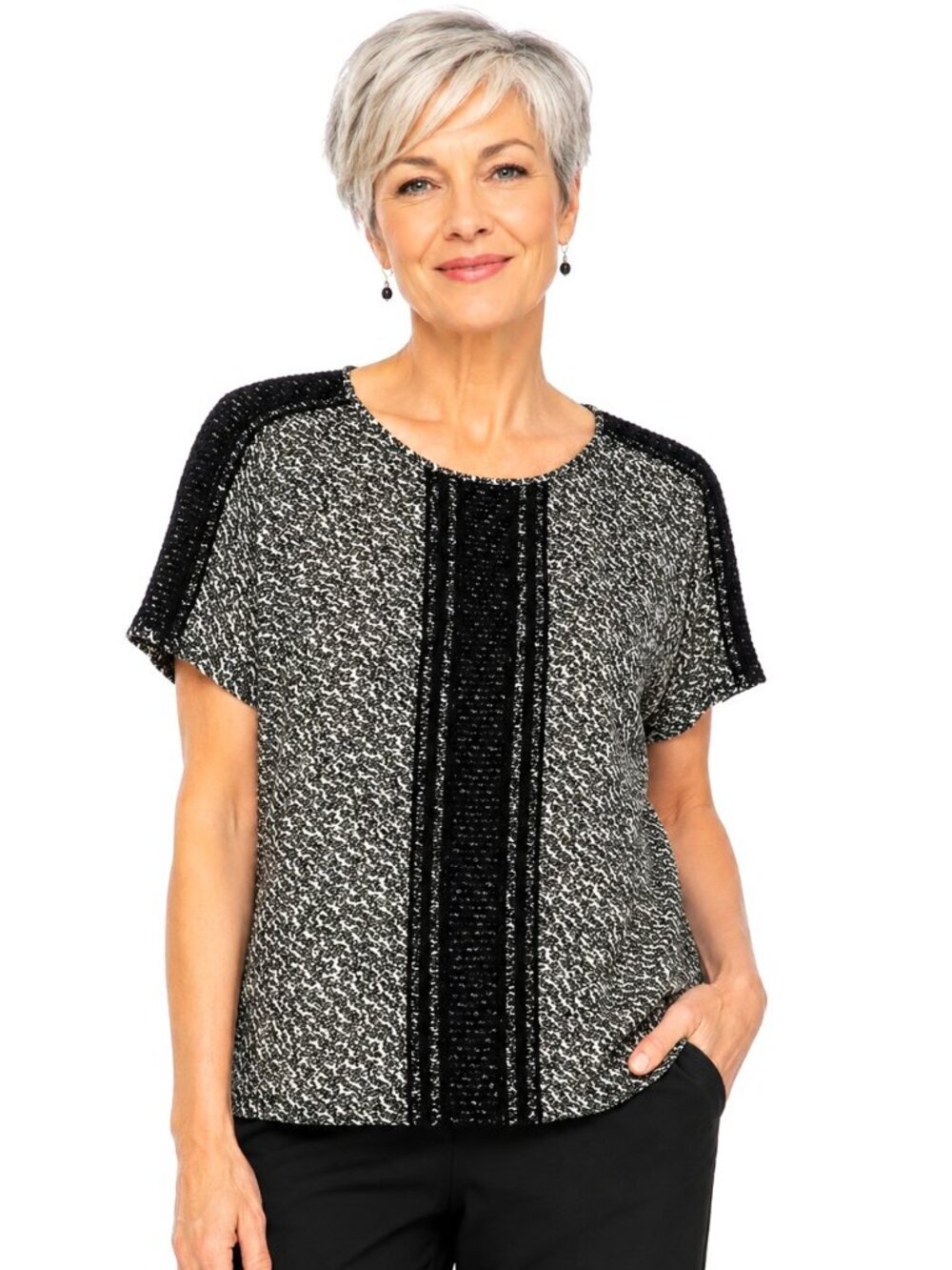 Ann Taylor Petite B&W Lace Mesh Trim Short Sleeve Top